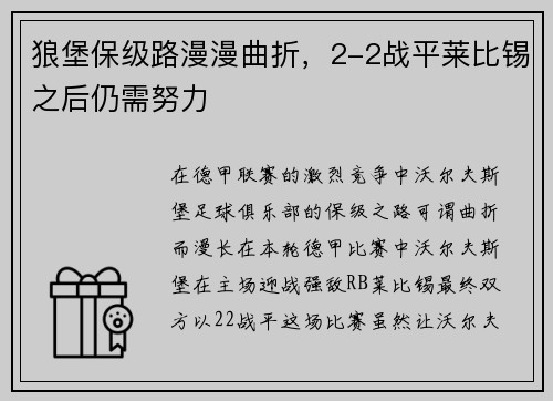 狼堡保级路漫漫曲折，2-2战平莱比锡之后仍需努力